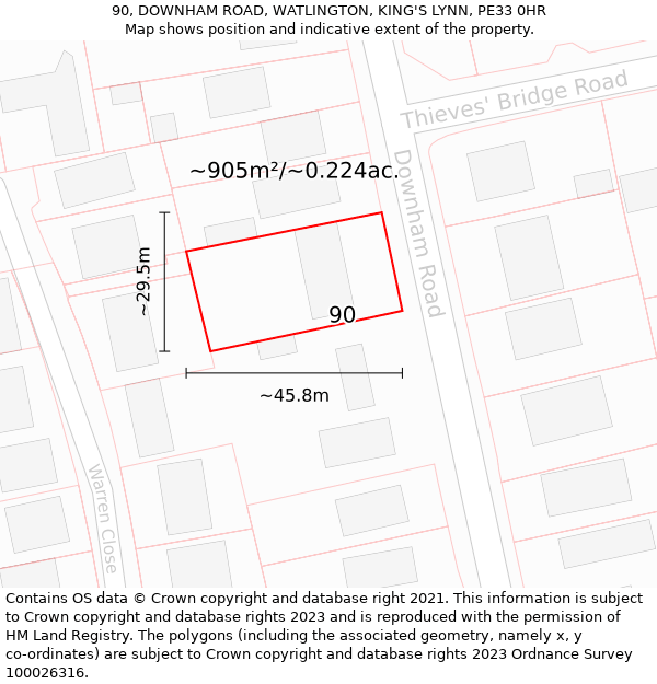 90, DOWNHAM ROAD, WATLINGTON, KING'S LYNN, PE33 0HR: Plot and title map