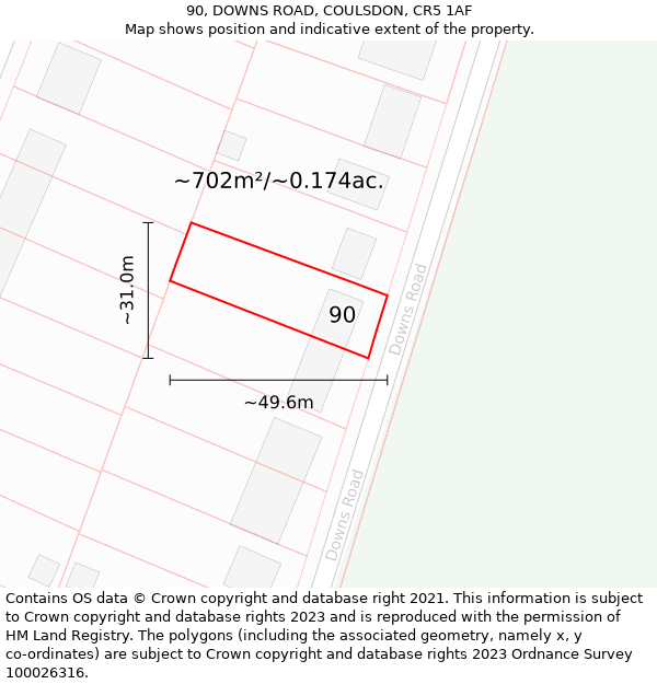 90, DOWNS ROAD, COULSDON, CR5 1AF: Plot and title map