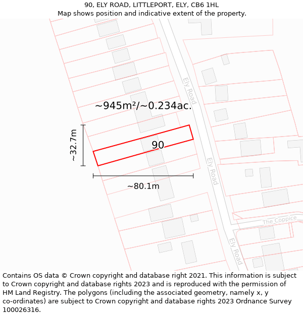 90, ELY ROAD, LITTLEPORT, ELY, CB6 1HL: Plot and title map