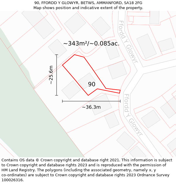 90, FFORDD Y GLOWYR, BETWS, AMMANFORD, SA18 2FG: Plot and title map