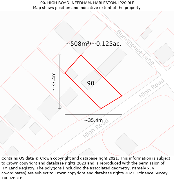 90, HIGH ROAD, NEEDHAM, HARLESTON, IP20 9LF: Plot and title map