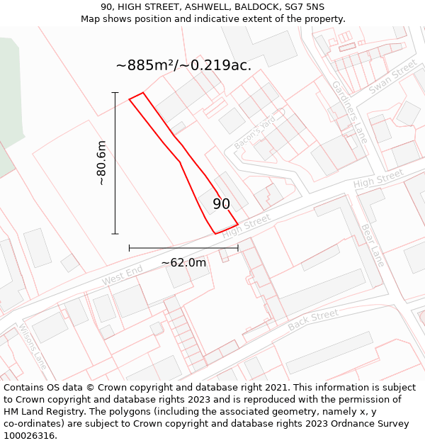 90, HIGH STREET, ASHWELL, BALDOCK, SG7 5NS: Plot and title map