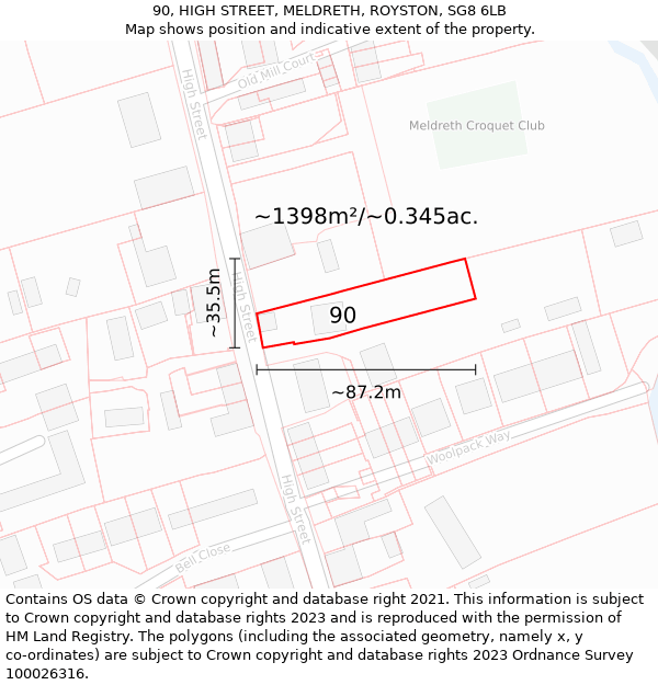 90, HIGH STREET, MELDRETH, ROYSTON, SG8 6LB: Plot and title map