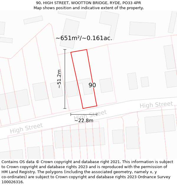 90, HIGH STREET, WOOTTON BRIDGE, RYDE, PO33 4PR: Plot and title map