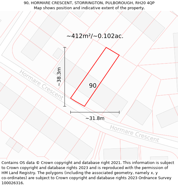 90, HORMARE CRESCENT, STORRINGTON, PULBOROUGH, RH20 4QP: Plot and title map