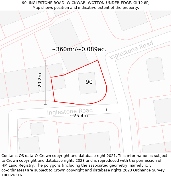 90, INGLESTONE ROAD, WICKWAR, WOTTON-UNDER-EDGE, GL12 8PJ: Plot and title map