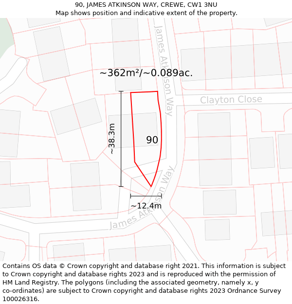 90, JAMES ATKINSON WAY, CREWE, CW1 3NU: Plot and title map