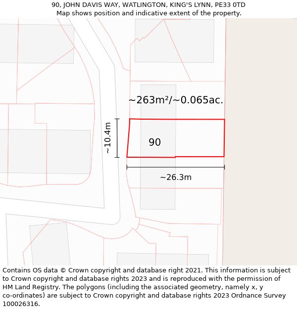 90, JOHN DAVIS WAY, WATLINGTON, KING'S LYNN, PE33 0TD: Plot and title map