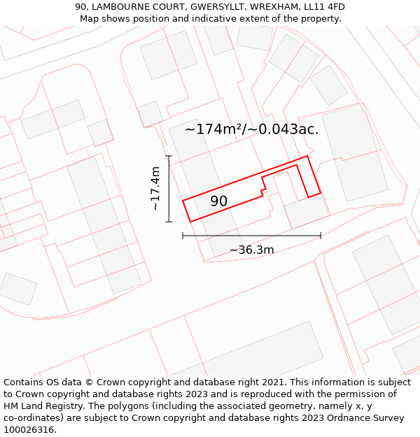 90, LAMBOURNE COURT, GWERSYLLT, WREXHAM, LL11 4FD: Plot and title map