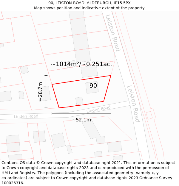 90, LEISTON ROAD, ALDEBURGH, IP15 5PX: Plot and title map