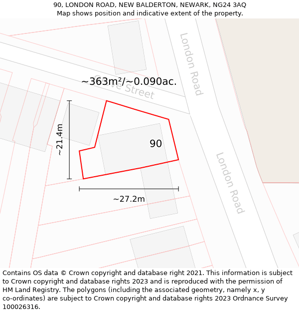 90, LONDON ROAD, NEW BALDERTON, NEWARK, NG24 3AQ: Plot and title map