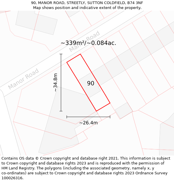 90, MANOR ROAD, STREETLY, SUTTON COLDFIELD, B74 3NF: Plot and title map