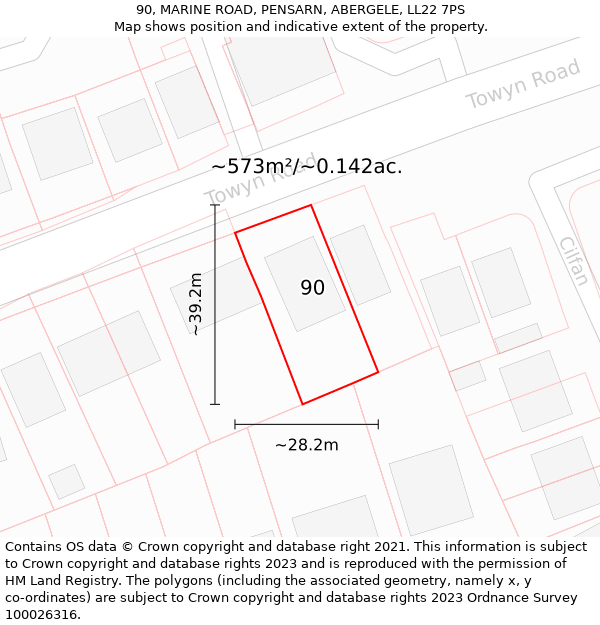 90, MARINE ROAD, PENSARN, ABERGELE, LL22 7PS: Plot and title map