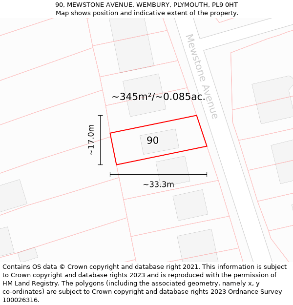 90, MEWSTONE AVENUE, WEMBURY, PLYMOUTH, PL9 0HT: Plot and title map