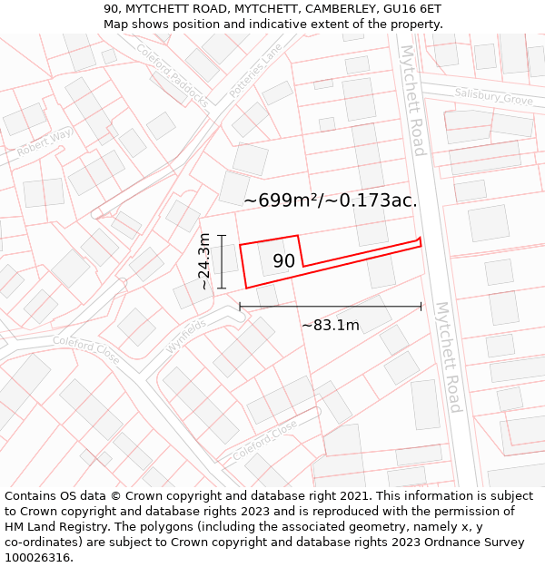 90, MYTCHETT ROAD, MYTCHETT, CAMBERLEY, GU16 6ET: Plot and title map