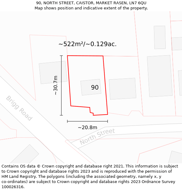 90, NORTH STREET, CAISTOR, MARKET RASEN, LN7 6QU: Plot and title map