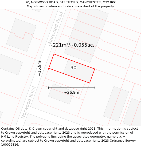 90, NORWOOD ROAD, STRETFORD, MANCHESTER, M32 8PP: Plot and title map