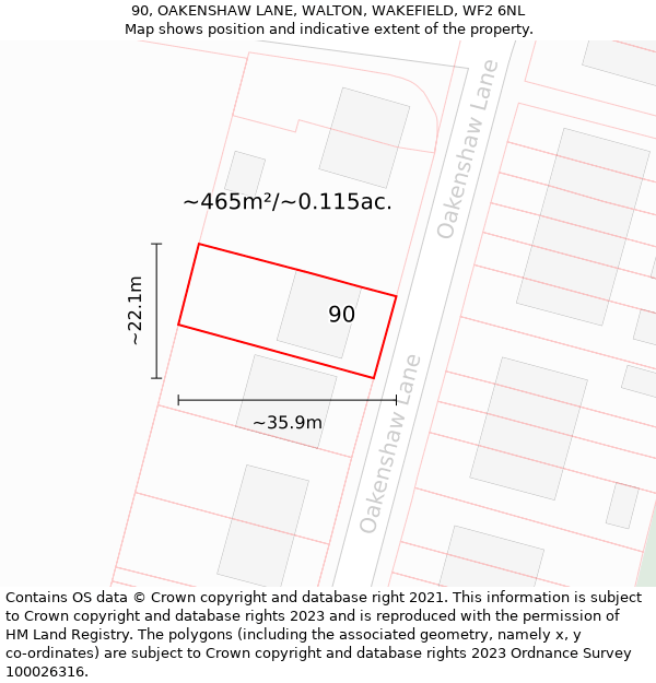 90, OAKENSHAW LANE, WALTON, WAKEFIELD, WF2 6NL: Plot and title map