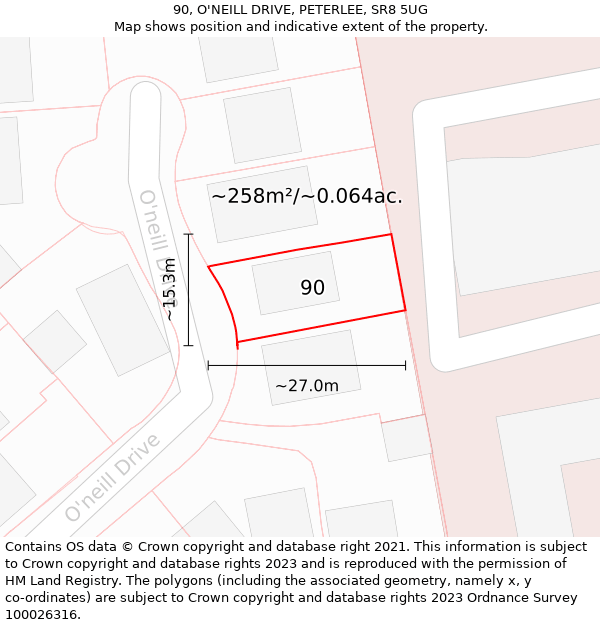 90, O'NEILL DRIVE, PETERLEE, SR8 5UG: Plot and title map