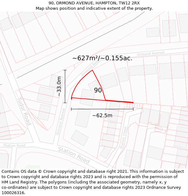 90, ORMOND AVENUE, HAMPTON, TW12 2RX: Plot and title map