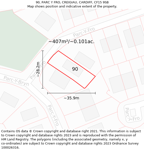 90, PARC Y FRO, CREIGIAU, CARDIFF, CF15 9SB: Plot and title map