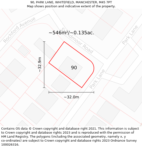 90, PARK LANE, WHITEFIELD, MANCHESTER, M45 7PT: Plot and title map