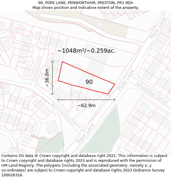 90, POPE LANE, PENWORTHAM, PRESTON, PR1 9DA: Plot and title map