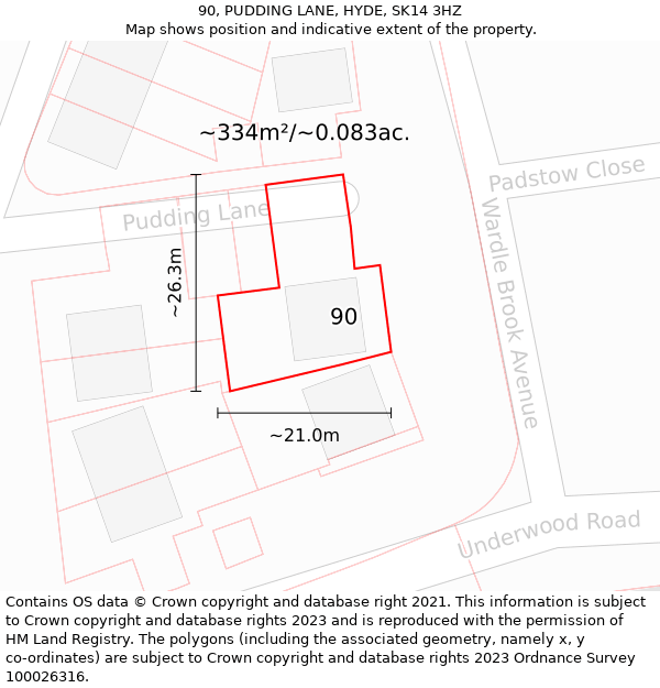 90, PUDDING LANE, HYDE, SK14 3HZ: Plot and title map