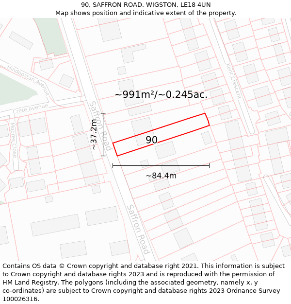 90, SAFFRON ROAD, WIGSTON, LE18 4UN: Plot and title map