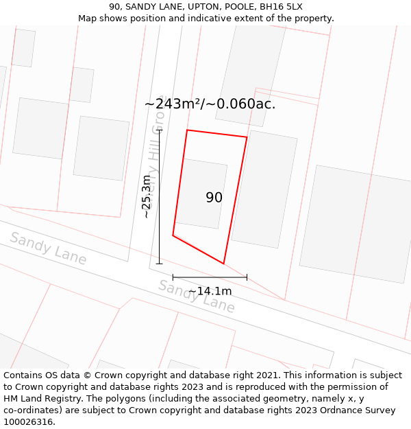 90, SANDY LANE, UPTON, POOLE, BH16 5LX: Plot and title map