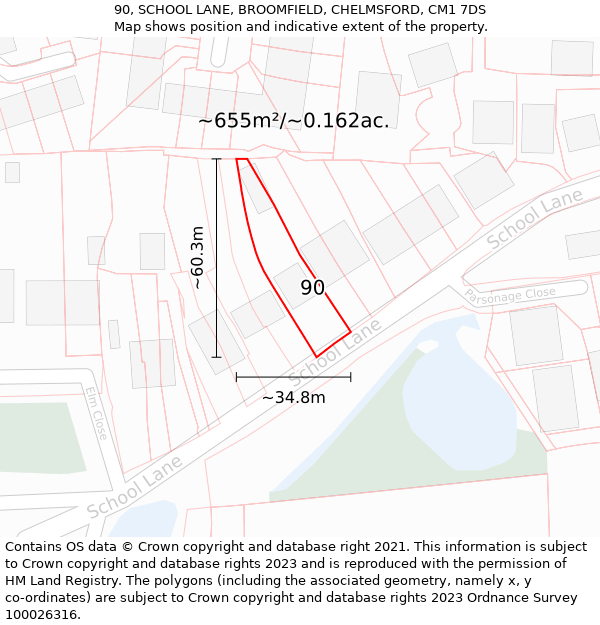 90, SCHOOL LANE, BROOMFIELD, CHELMSFORD, CM1 7DS: Plot and title map