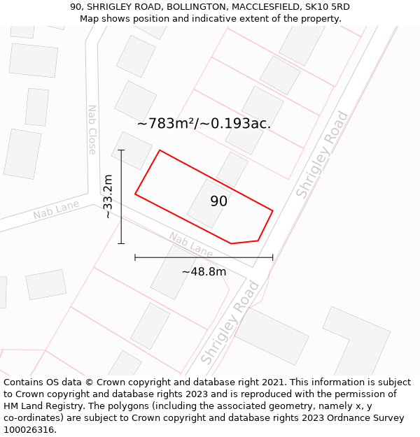 90, SHRIGLEY ROAD, BOLLINGTON, MACCLESFIELD, SK10 5RD: Plot and title map