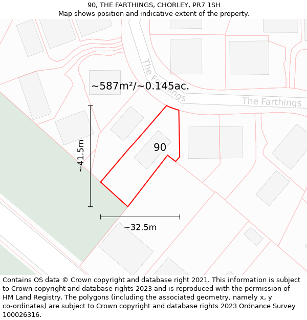 90, THE FARTHINGS, CHORLEY, PR7 1SH: Plot and title map