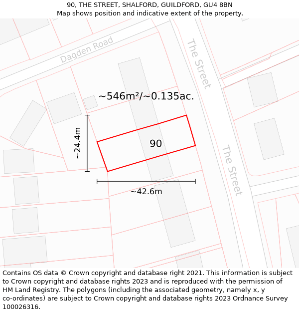 90, THE STREET, SHALFORD, GUILDFORD, GU4 8BN: Plot and title map