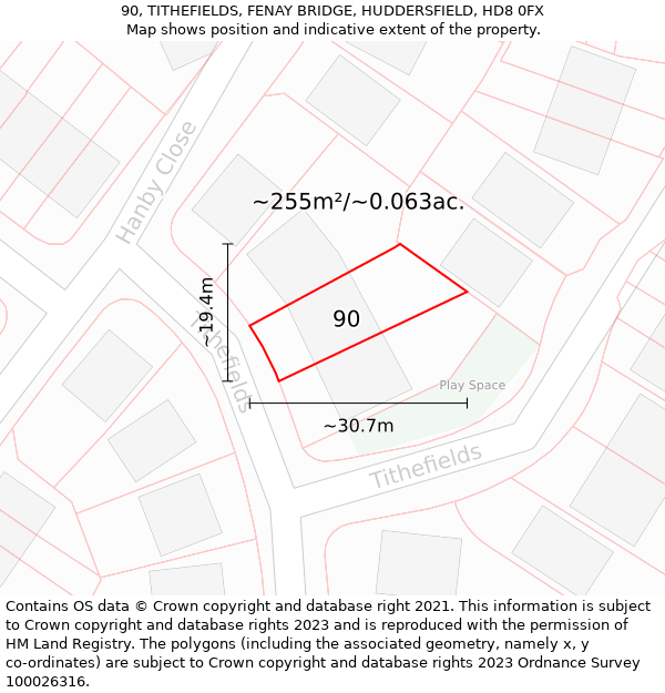 90, TITHEFIELDS, FENAY BRIDGE, HUDDERSFIELD, HD8 0FX: Plot and title map