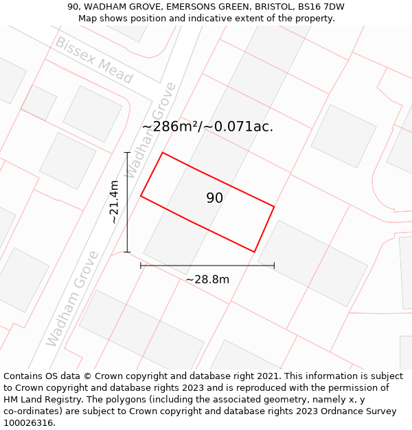 90, WADHAM GROVE, EMERSONS GREEN, BRISTOL, BS16 7DW: Plot and title map