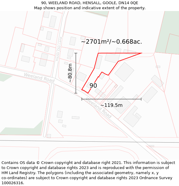 90, WEELAND ROAD, HENSALL, GOOLE, DN14 0QE: Plot and title map