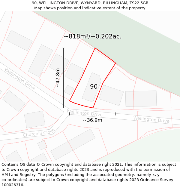 90, WELLINGTON DRIVE, WYNYARD, BILLINGHAM, TS22 5GR: Plot and title map