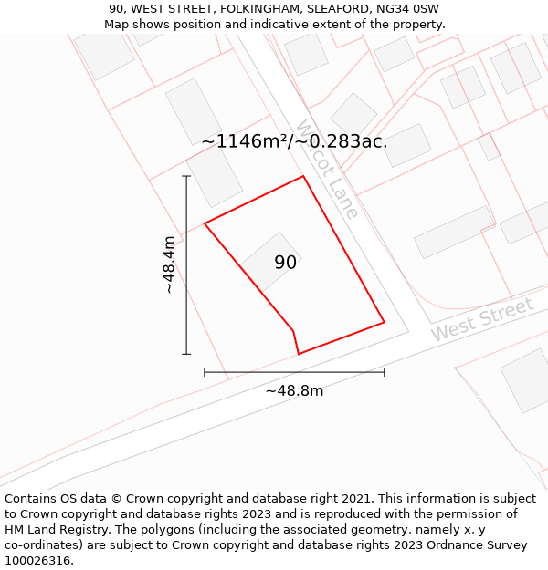 90, WEST STREET, FOLKINGHAM, SLEAFORD, NG34 0SW: Plot and title map