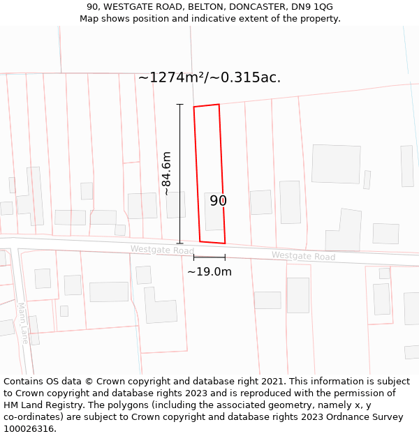 90, WESTGATE ROAD, BELTON, DONCASTER, DN9 1QG: Plot and title map