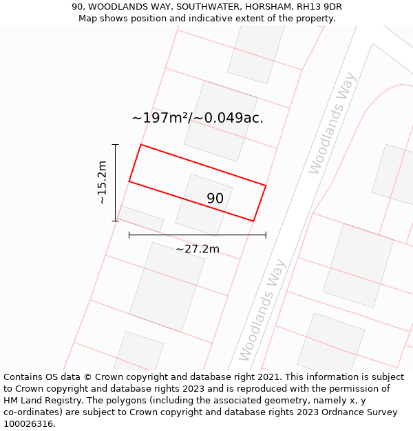 90, WOODLANDS WAY, SOUTHWATER, HORSHAM, RH13 9DR: Plot and title map