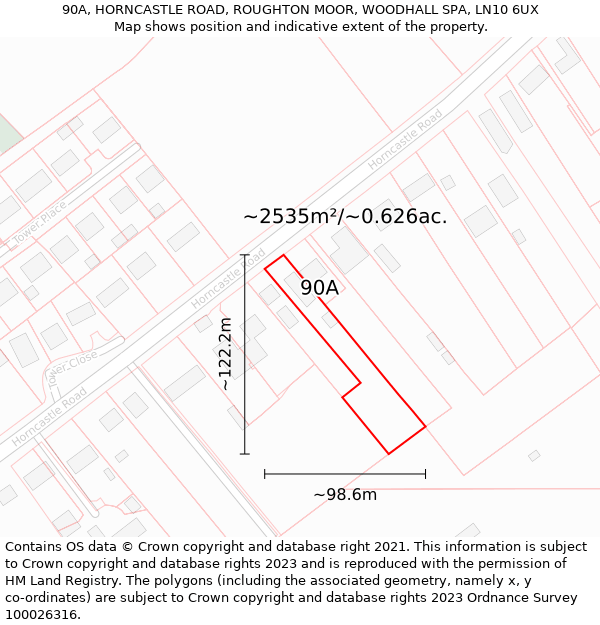 90A, HORNCASTLE ROAD, ROUGHTON MOOR, WOODHALL SPA, LN10 6UX: Plot and title map