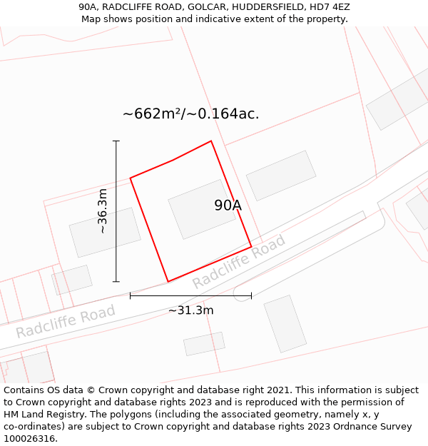 90A, RADCLIFFE ROAD, GOLCAR, HUDDERSFIELD, HD7 4EZ: Plot and title map