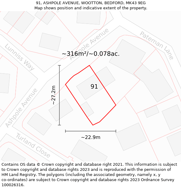 91, ASHPOLE AVENUE, WOOTTON, BEDFORD, MK43 9EG: Plot and title map