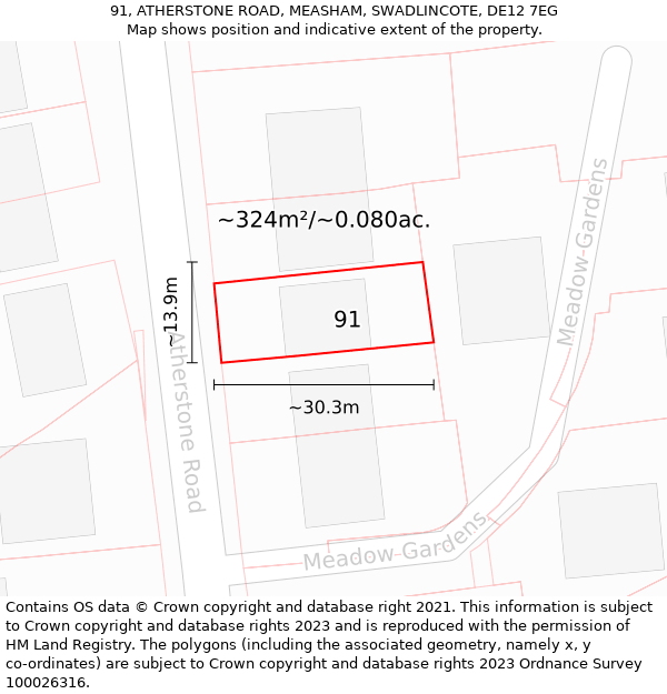 91, ATHERSTONE ROAD, MEASHAM, SWADLINCOTE, DE12 7EG: Plot and title map