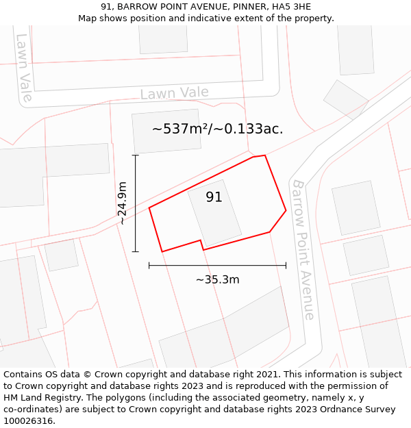 91, BARROW POINT AVENUE, PINNER, HA5 3HE: Plot and title map