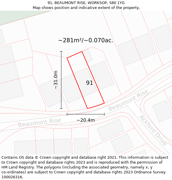 91, BEAUMONT RISE, WORKSOP, S80 1YG: Plot and title map