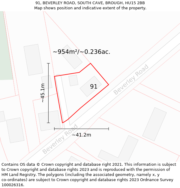 91, BEVERLEY ROAD, SOUTH CAVE, BROUGH, HU15 2BB: Plot and title map