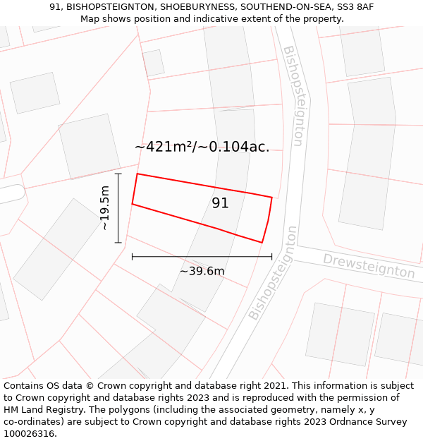 91, BISHOPSTEIGNTON, SHOEBURYNESS, SOUTHEND-ON-SEA, SS3 8AF: Plot and title map