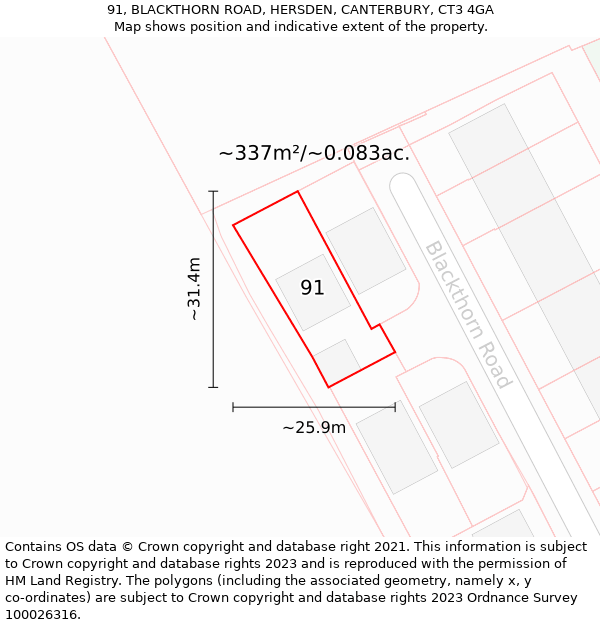 91, BLACKTHORN ROAD, HERSDEN, CANTERBURY, CT3 4GA: Plot and title map